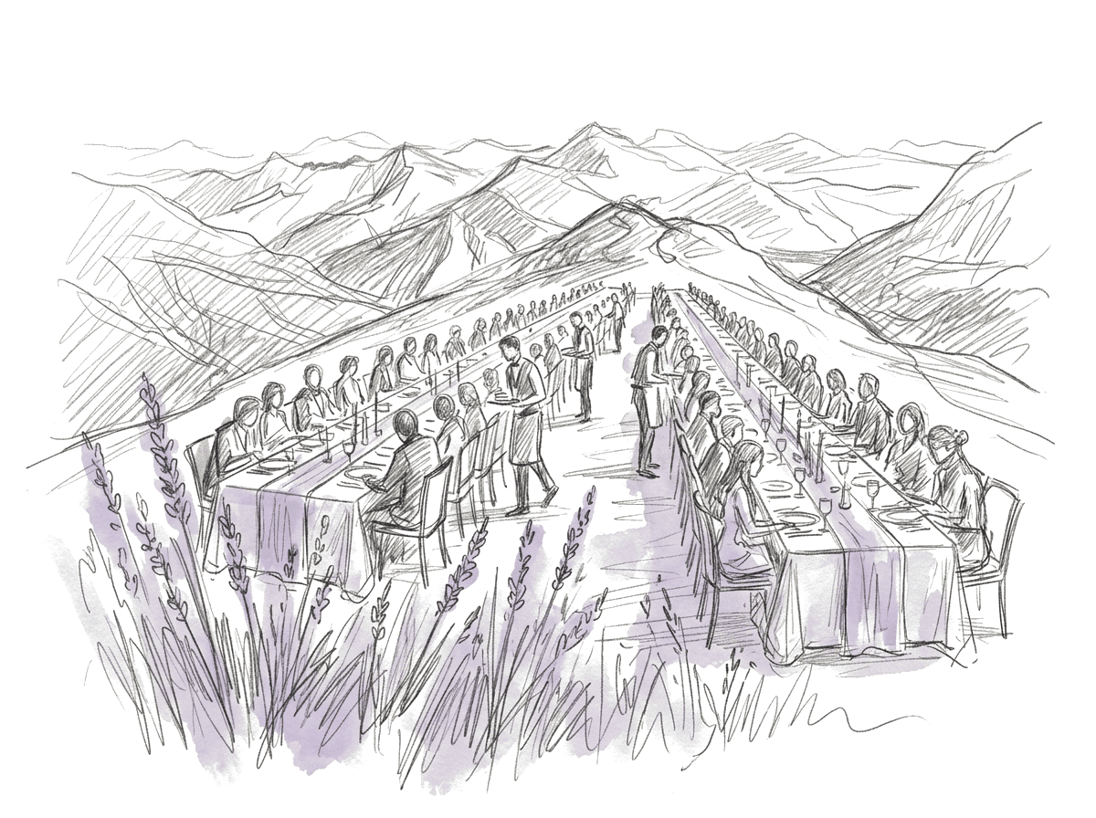 Pencil sketch of a long banquet table set along an alpine ridge at dusk